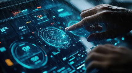 Close up of hands interacting with a futuristic digital interface with glowing blue elements visible