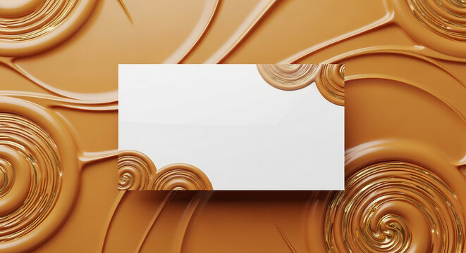  blank card Business mockup immersed in thick, glossy dulce de leche cream, warm caramel tones