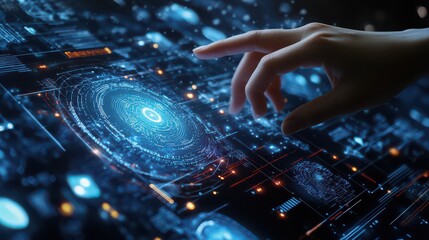 A hand interacting with a futuristic interface displaying glowing blue circular data patterns and lines