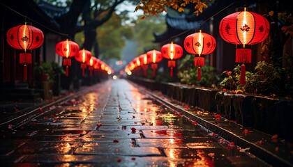 Rainy path, glowing lanterns