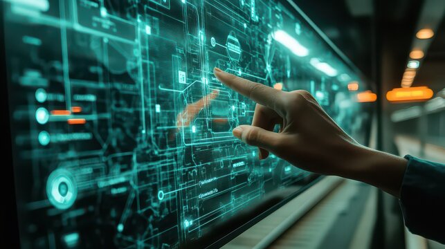 A hand interacting with a glowing futuristic interface displaying complex diagrams and connections