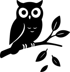 Balck and white illustration of an inquisitive owl sitting on a leafy branch, silhouette style