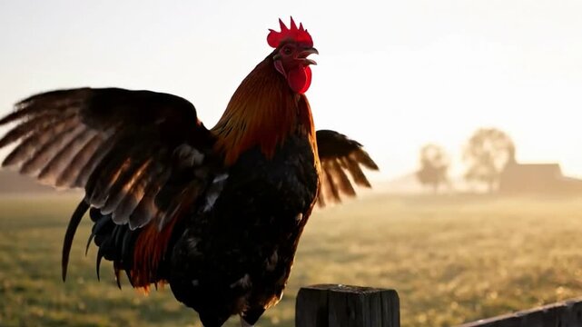 A rooster stands on a fence post wings spread crowing A field trees and building are in the background with fog in the foreground