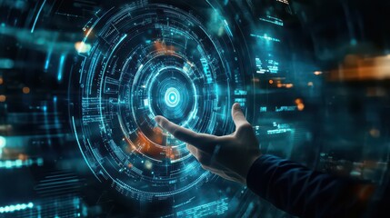 Hand interacting with a glowing blue futuristic interface with circular design elements in a dark setting