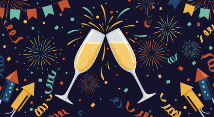 Celebration with two champagne glasses and festive fireworks background  