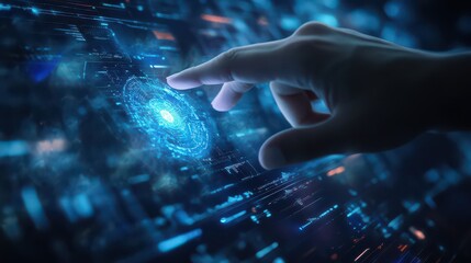 A hand interacting with a holographic interface displaying digital data and glowing blue elements
