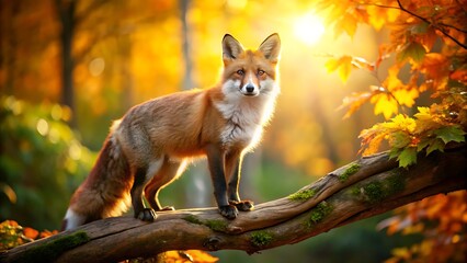 Fototapeta premium A red fox stands alert on a tree branch in a sundrenched autumn forest