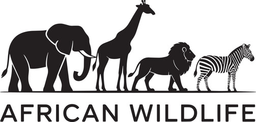 African Wildlife Silhouette Vector Art Elephant Giraffe Lion Zebra Animal Black Illustration Design