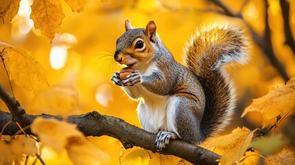 Grey squirrel eating a nut amidst autumn leaves. © Mutimul