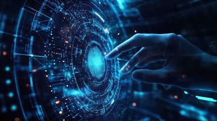 Hand interacting with futuristic digital interface with glowing lines and circular patterns