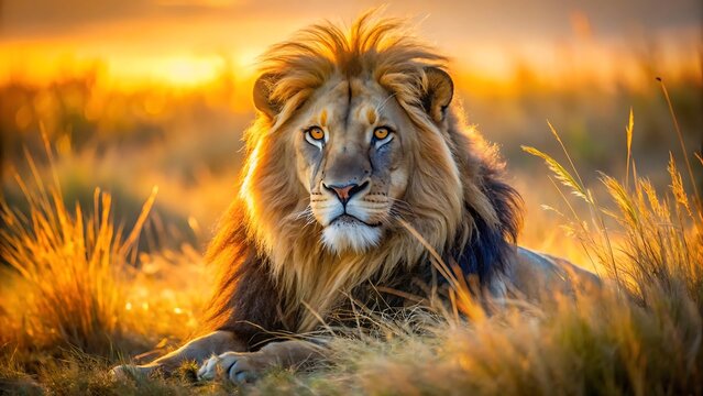 A majestic male lion rests in tall grass bathed in the warm glow of sunset - Powered by Adobe