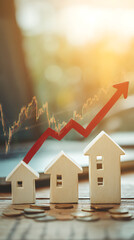 Wooden houses with upward trending financial graph and coins real estate housing market