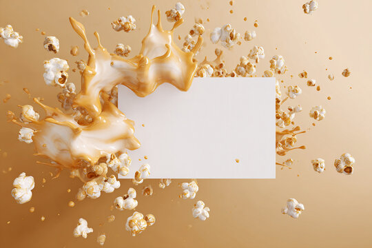 White card mockup with abstract popcorn kernel explosion and caramel splashes