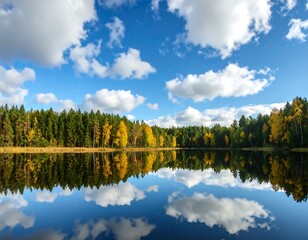 Fototapeta premium Autumn lake mirroring sky