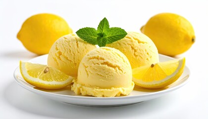 Lemon ice cream scoops on a plate with lemon slices and whole lemons