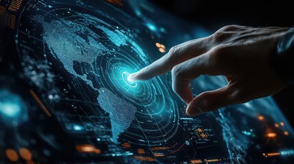 Finger touching a glowing point on a digital world map interface with futuristic elements around it