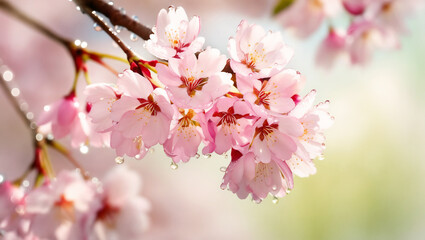 Obraz premium Pink cherry blossoms bloom beautifully on a spring tree branch, showcasing nature's delicate floral beauty