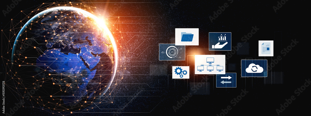 Poster digital business infrastructure with data system, analytics, sync. system management improves access