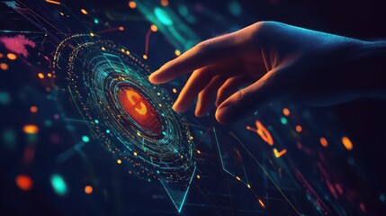 Hand interacting with futuristic holographic interface with glowing circular design elements
