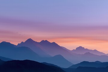 Fototapeta premium Serene mountain landscape at sunset with colorful sky and silhouette peaks