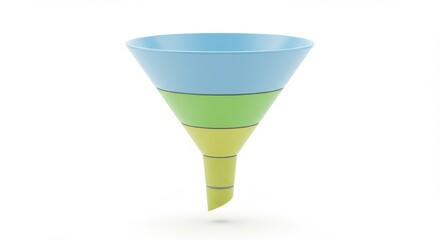 A three tiered funnel with light blue green and yellow colors on a plain white surface for presentation