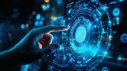 A hand interacts with a glowing blue futuristic interface with circular design elements and dark background