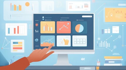Hand interacting with a computer screen displaying data visualizations and charts in a modern setting