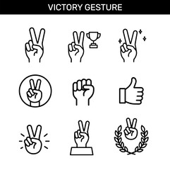 Victory gesture line icons collection featuring peace hand signs, raised fist, thumbs up, trophy, and laurel wreath. Vector outline design for success, achievement, and motivation themes