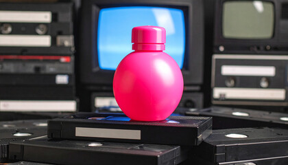 Pink Sphere Bottle on Glitched VHS Stack