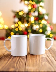 Obraz premium Two white mugs on a wooden table, Christmas lights in the background