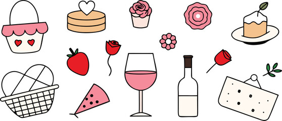 Vector art of a colorful collection of icons depicting romantic and celebratory items like strawberries, roses, and cakes isolated on transparent background.