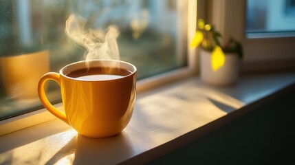 A warm cup of coffee sits on a windowsill, steam rising.