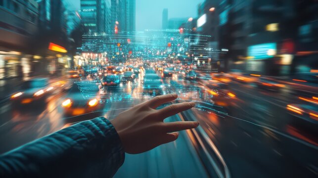 A hand reaching out over a blurry city street with cars and digital overlay in a futuristic scene