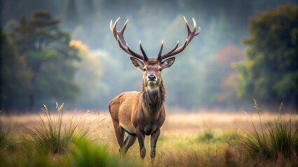 A proud stag with impressive antlers stands in a sunlit meadow with blurred trees