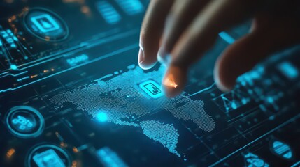 Finger touching a digital interface with glowing icons and a map of the world in blue light
