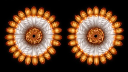 Two symmetrical, circular designs with orange and white elements.
