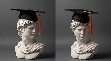 Graduation Day with Ancient Bust: A Modern Twist, Marble Statue with Graduation Cap: Tradition Meets Education