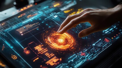 Hand interacting with holographic display showing data and a glowing orange vortex interface