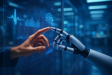 Robot and human finger almost touching in futuristic blue AI interface with data graphics