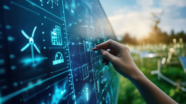 A hand interacts with a digital display showcasing renewable energy and infrastructure icons outdoors - Powered by Adobe