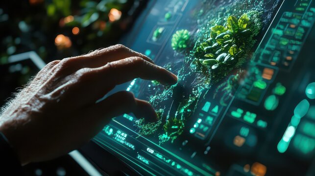 A person's hand interacting with a futuristic touch screen displaying plant life and data interface