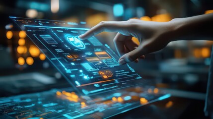 A hand interacting with a futuristic transparent touch screen interface with glowing blue elements