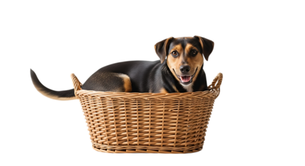 Cute purebred beagle puppy sitting in a basket