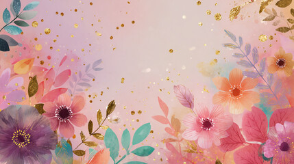 A vibrant and joyful greeting card design, featuring surrounded by watercolor floral wreaths, confetti, and sparkling glitter details. Soft pastel background with a subtle gradient, modern minimalist 