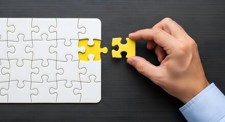 Puzzle solving strategy concept, hand placing yellow piece in jigsaw puzzle game board