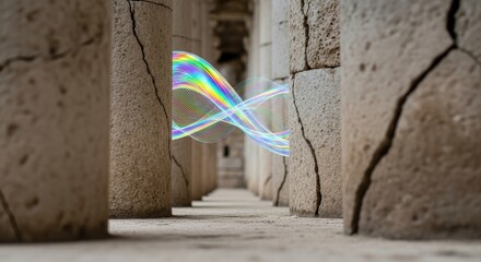 Colorful light wave in ancient stone corridor