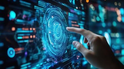 A hand interacting with a futuristic interface displaying complex data and circular design elements