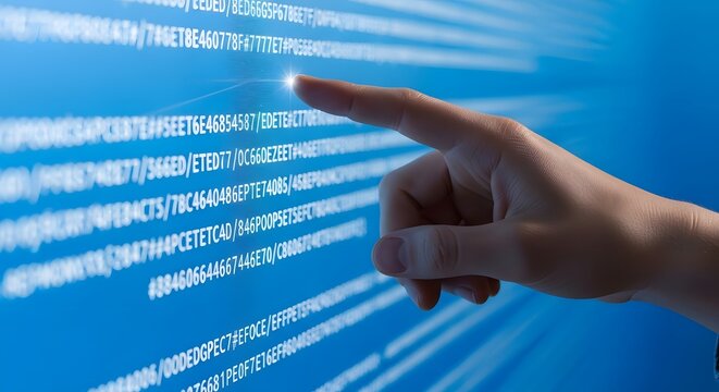 Understanding data analysis with hand pointing at code on blue screen display