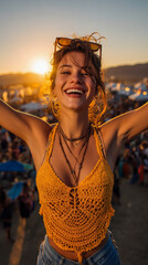 Smiling woman enjoying a sunset at a vibrant outdoor festival filled with happy crowds and colorful stalls