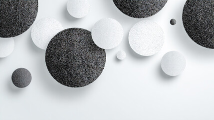 Black and White Glittering Circular Elements on a Light Textured White Background with Minimalist Sparkle Design
